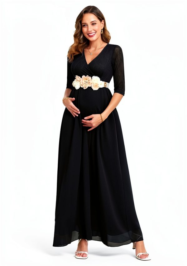 Maternity Dress Leaf Lace Chiffon Maxi for Pregnancy Women-5