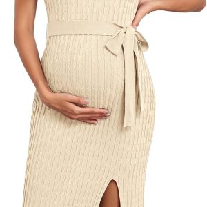 Maternity Casual Dress Cable Knit Slit Belt Womens Clothing-0