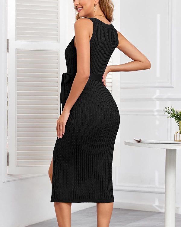 Maternity Dress Cable Knit Slit Belt Womens Summer Fashion-4