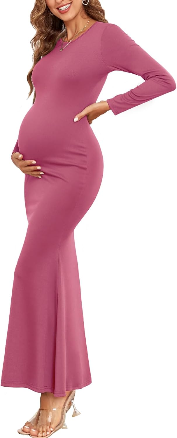 Maternity bodycon dress in grey worn during a baby shower