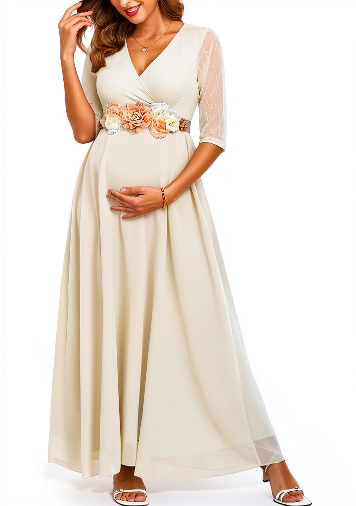 Maternity dress with leaf lace bodice and chiffon skirt in various colors