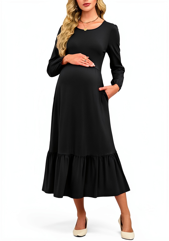 Maternity Casual Dress Cotton Blend Bump Friendly Womens displayed on a wooden chair with a soft pastel backdrop