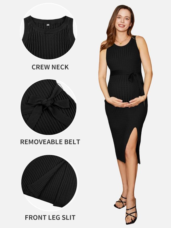 Maternity Dress Cable Knit Slit Belt Womens Summer Fashion-3