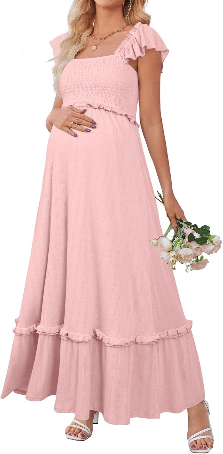 Maternity Casual Dress Flowy Bohemian Maxi Square Neck displayed on a wooden changing table