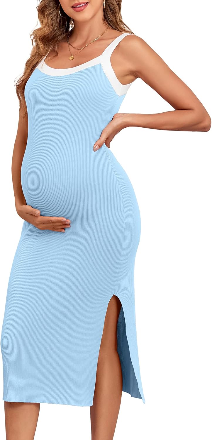 Maternity dress in Light Blue color showing bodycon fit and square neckline
