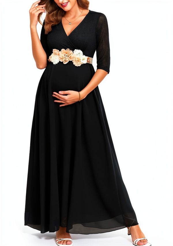 Maternity Lace Dress Long Sleeve Flowy Chiffon Maxi-0