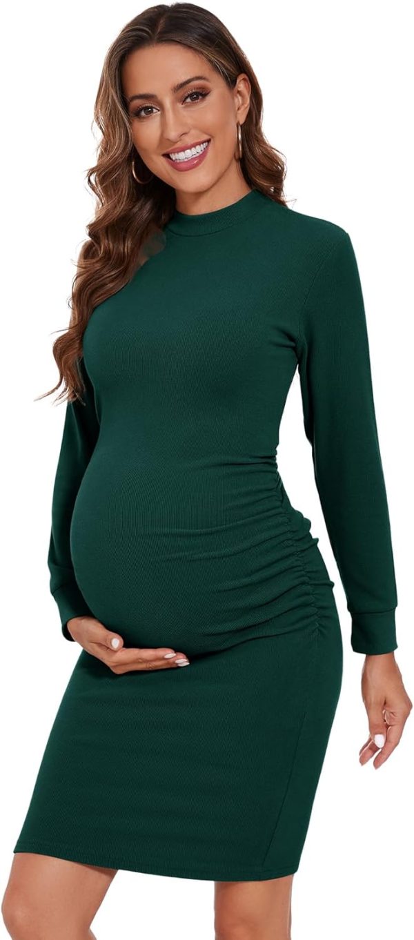 Maternity Dress Ribbed Knit Long Sleeve Ruched Side Womens-0