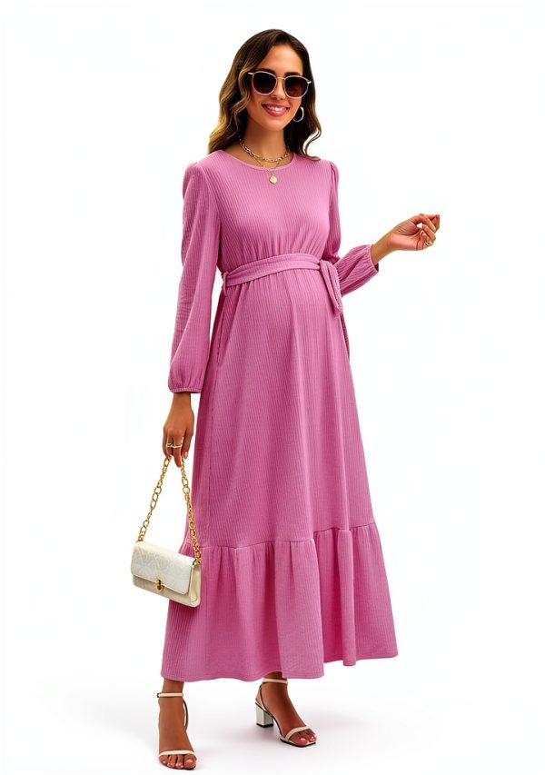 Maternity Maxi Dress with Belt Flowing A-Line for Pregnancy-4