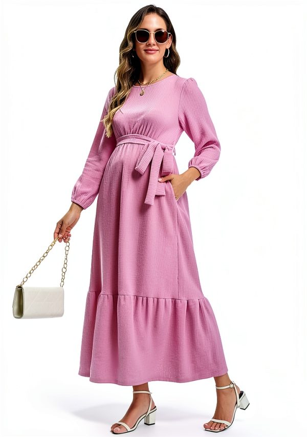 Maternity Maxi Dress with Belt Flowing A-Line for Pregnancy-5