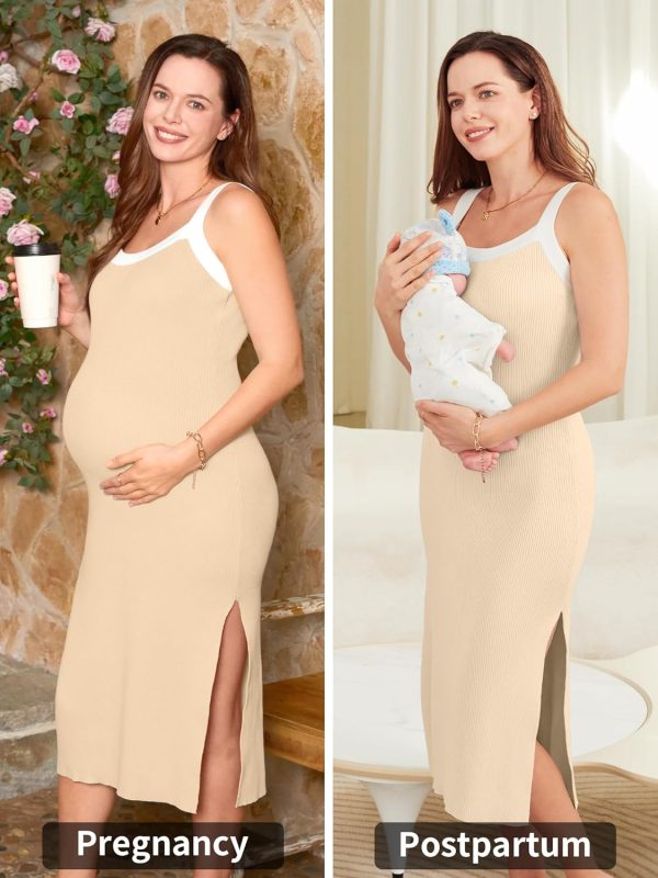 Maternity Casual Dress Striped Bodycon Fall Pregnancy Wear-3