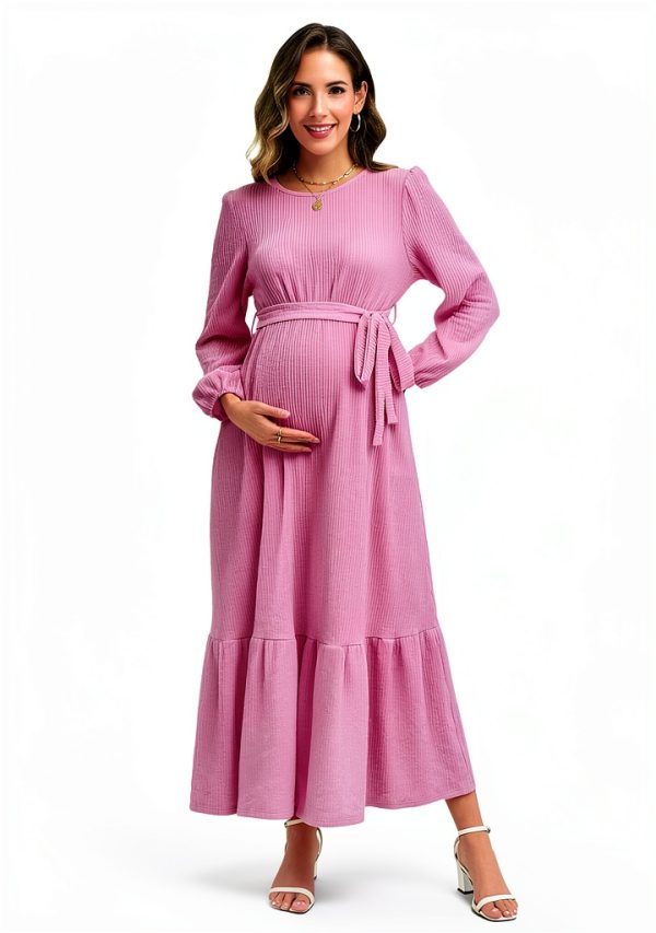 Maternity Maxi Dress with Belt Flowing A-Line for Pregnancy-3
