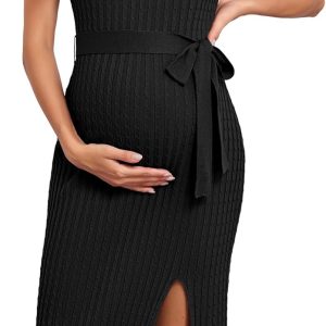 Maternity Casual Dress Cable Knit Slit Belt Womens Clothing-0