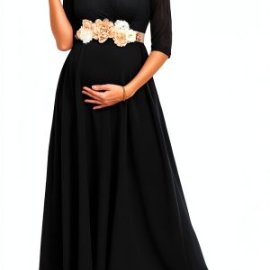 Maternity Dress Leaf Lace Chiffon Maxi for Pregnancy Women-0