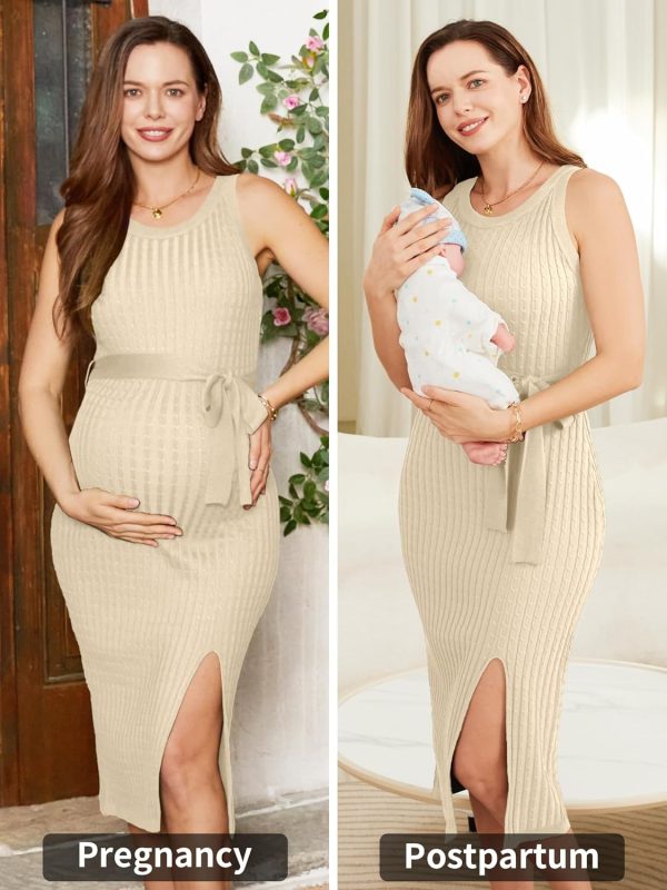 Maternity Casual Dress Cable Knit Slit Belt Womens Clothing-3