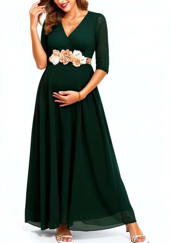 Maternity Dress Leaf Lace Chiffon Maxi for Pregnancy Comfort-0