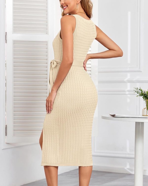 Maternity Casual Dress Cable Knit Slit Belt Womens Clothing-4
