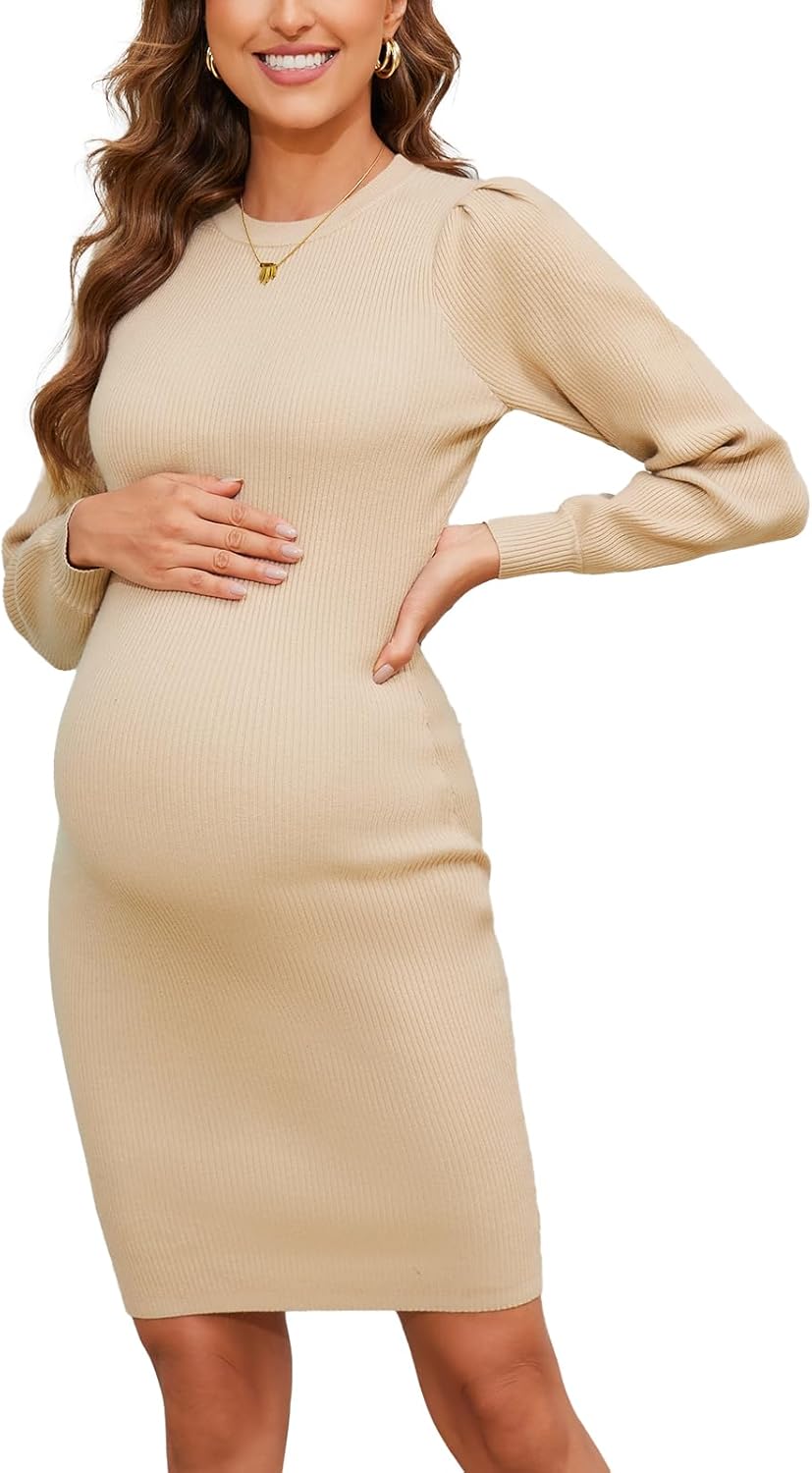 Unboxing and trying on the maternity sweater dress on a wooden table