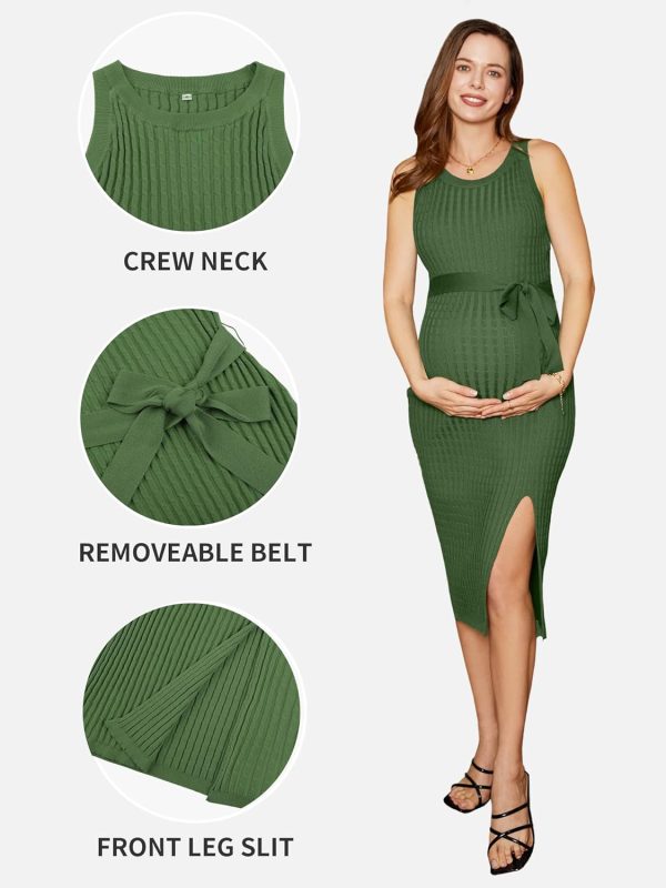 Maternity Casual Dress Cable Knit Slit Belt Womens Clothing-4