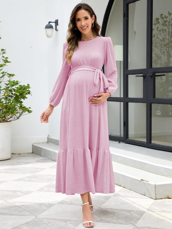 Maternity Maxi Dress Flowing A-Line Detachable Belt-2