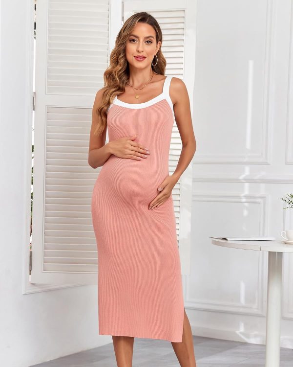 Maternity Casual Dress Bodycon Striped Square Neck Womens-1