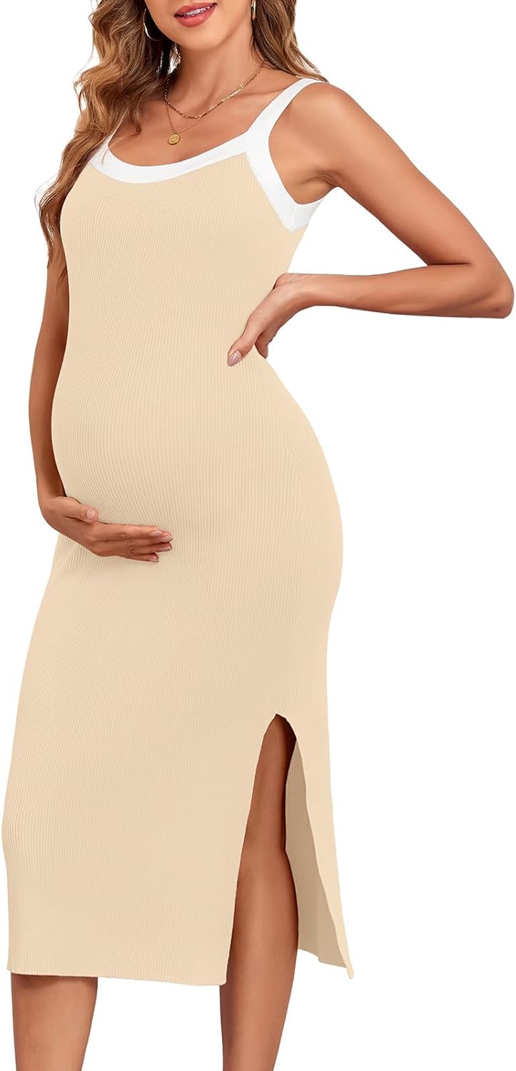 Striped Bodycon Maternity Dress displayed on a wooden table with a measuring tape and a coffee cup