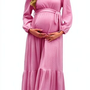 Maternity Maxi Dress with Belt Flowing A-Line for Pregnancy-0
