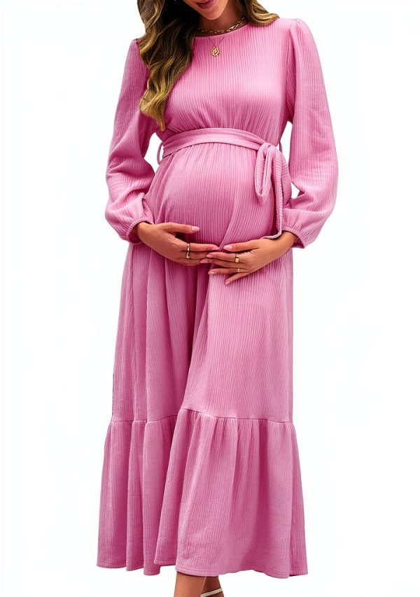 Maternity Maxi Dress with Belt Flowing A-Line for Pregnancy-0