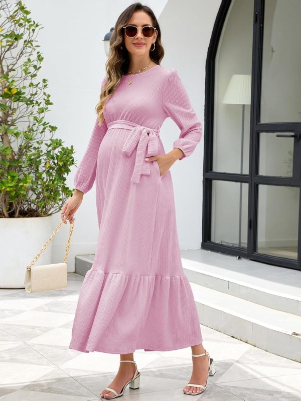 Maternity Maxi Dress Flowing A-Line Detachable Belt-5