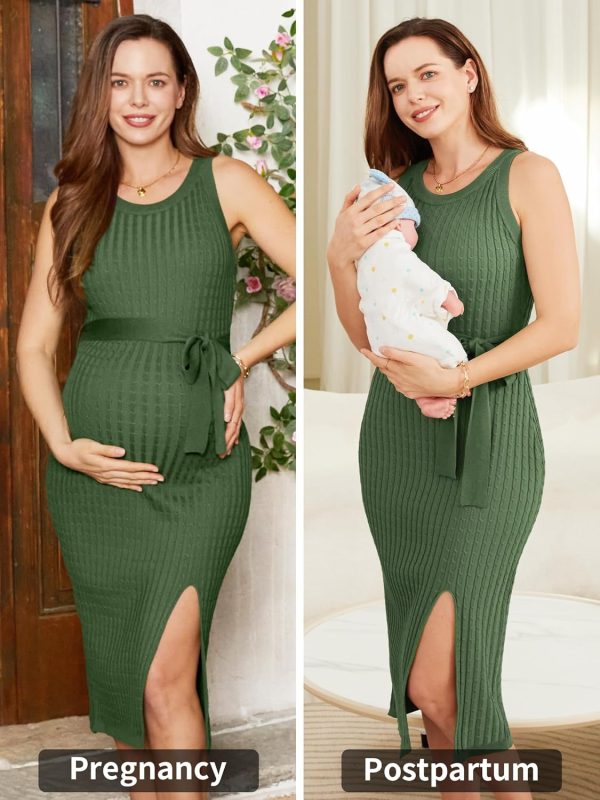 Maternity Casual Dress Cable Knit Slit Belt Womens Green-3