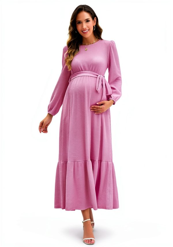 Maternity Maxi Dress with Belt Flowing A-Line for Pregnancy-2
