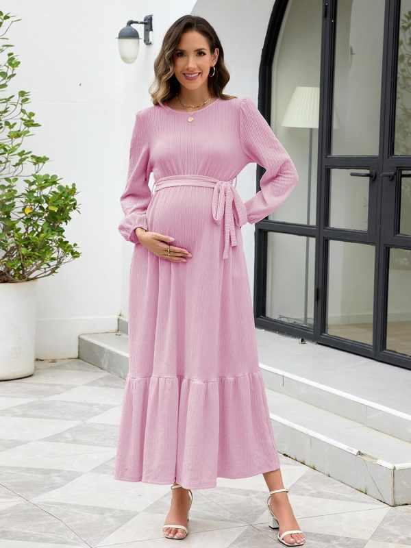 Maternity Maxi Dress Flowing A-Line Detachable Belt-3