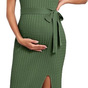 Maternity Casual Dress Cable Knit Slit Belt Womens Green-0