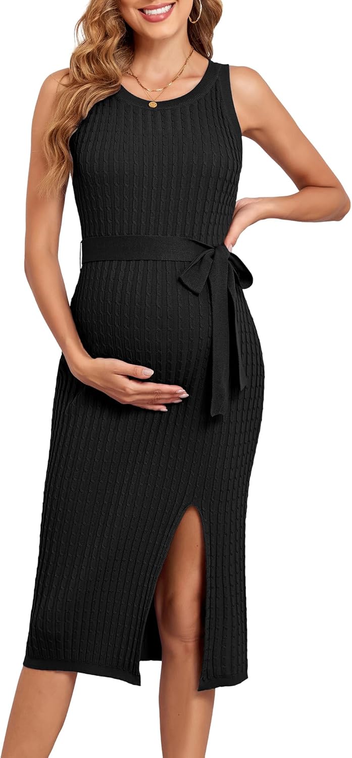 Maternity dress in black color showing cable knit and slit hem design