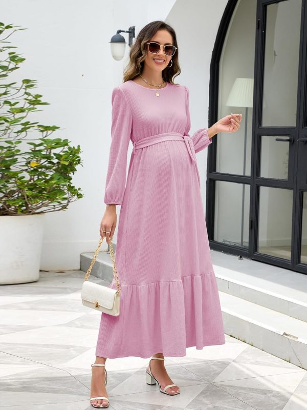 Maternity Maxi Dress Flowing A-Line Detachable Belt-4