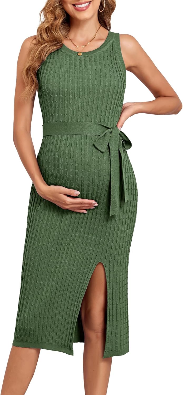Maternity dress in green color showing cable knit and slit hem design